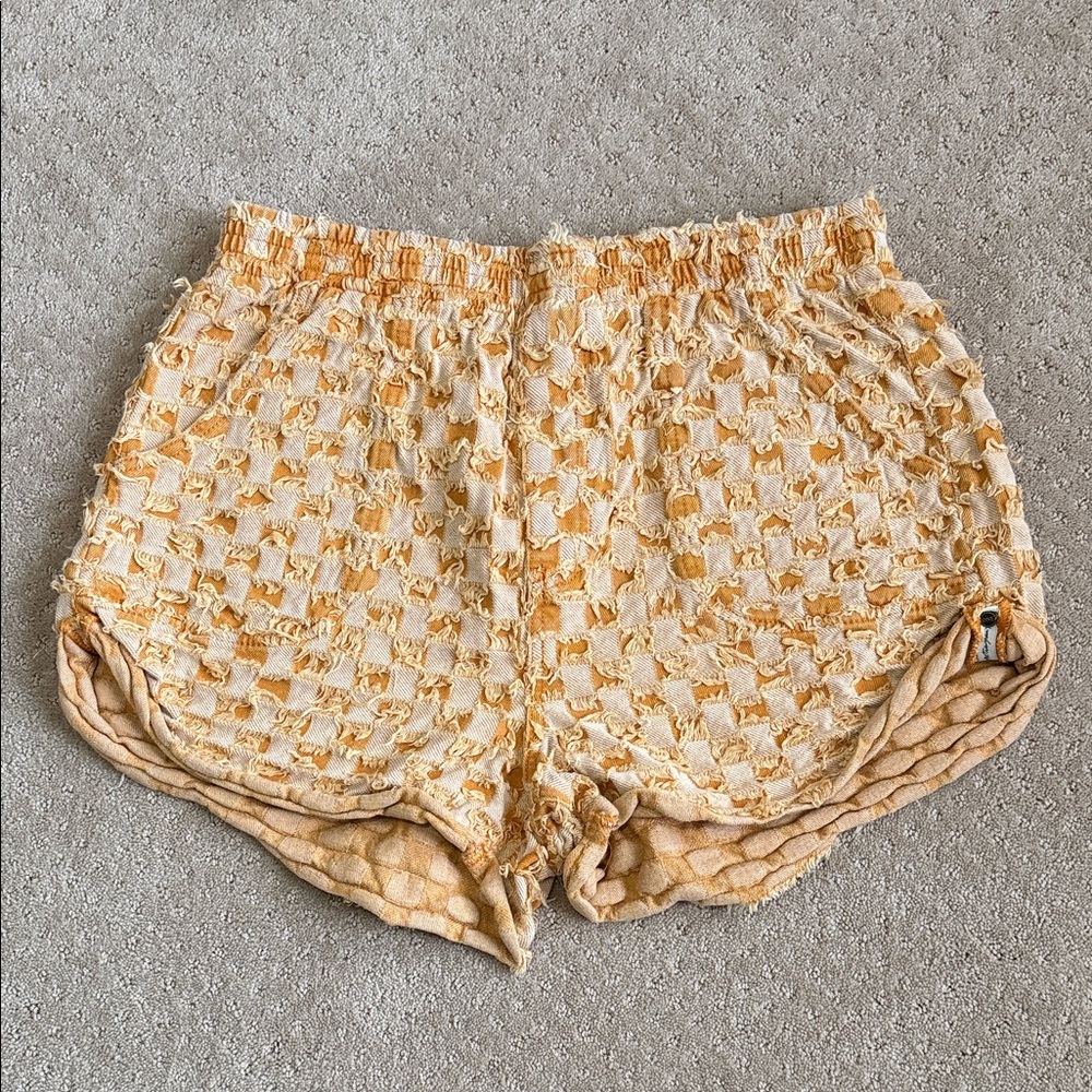 One Teaspoon Frayed Checkered Shorts, Yellow, Cream, Size L